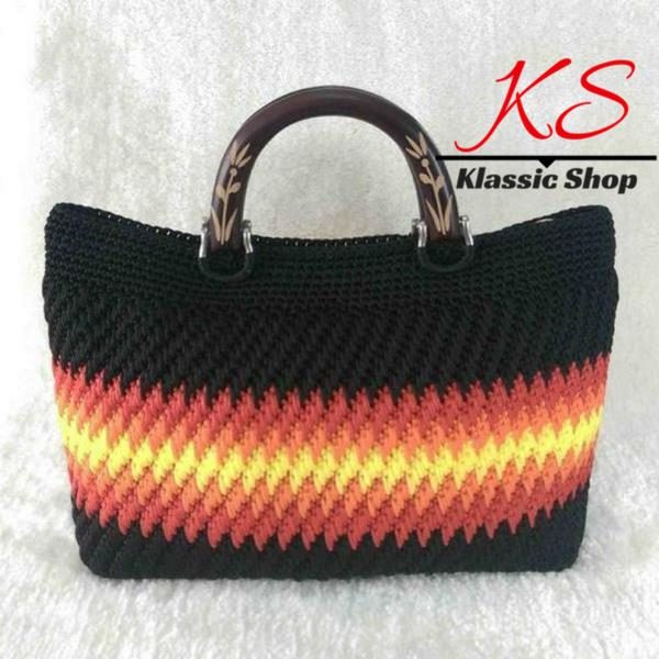 Multi color handmade crochet bag double wooden handle