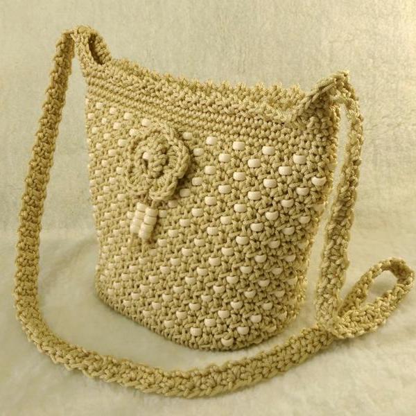 Cream color handmade crochet beaded cross-body bag
