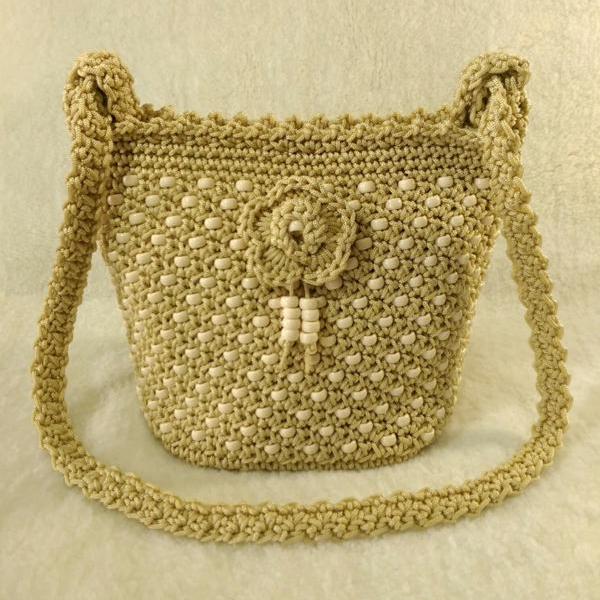 Cream color handmade crochet beaded cross-body bag