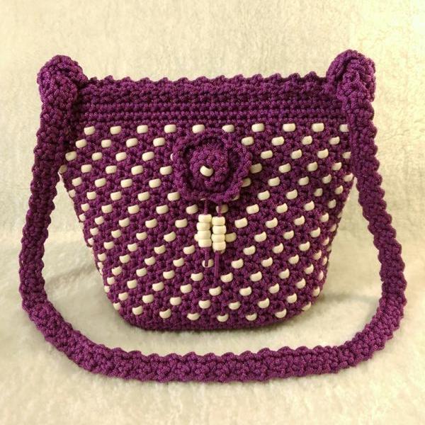 Purple color handmade crochet beaded cross-body bag