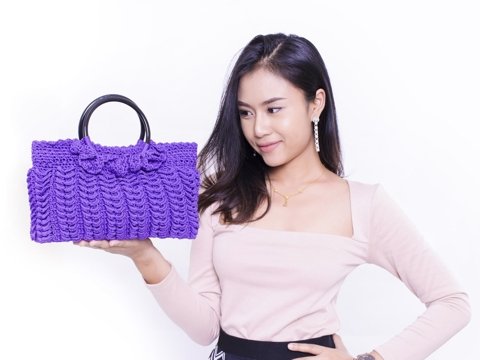 Violet handmade crochet double round handle purse