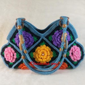 Light Blue Granny Square floral pattern handmade Crochet Bags decorative beaded shoulder bag