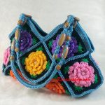 Light Blue Granny Square floral pattern handmade Crochet Bags decorative beaded shoulder bag