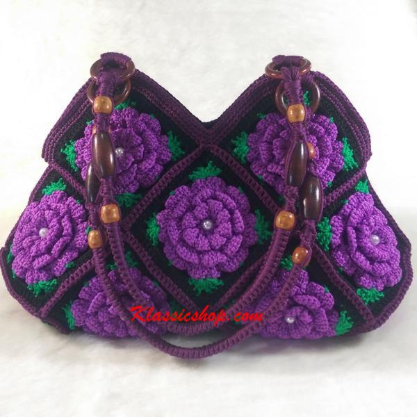 Purple Granny Square floral pattern handmade crochet bags decorative wood beads shoulder bag
