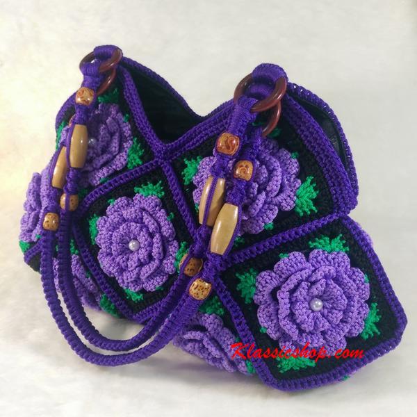 Purple Granny Square floral pattern handmade crochet bags decorative wood beads shoulder bag
