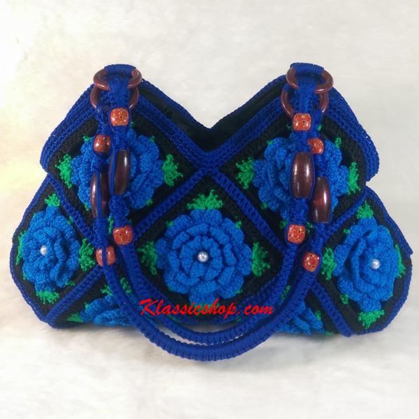 Blue Granny Square floral pattern handmade crochet bags decorative wood beads shoulder bag