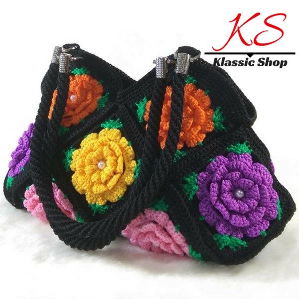 Black Granny Square Crochet floral pattern mixed colors handmade crochet shoulder bags handles attached with stainless steel ring